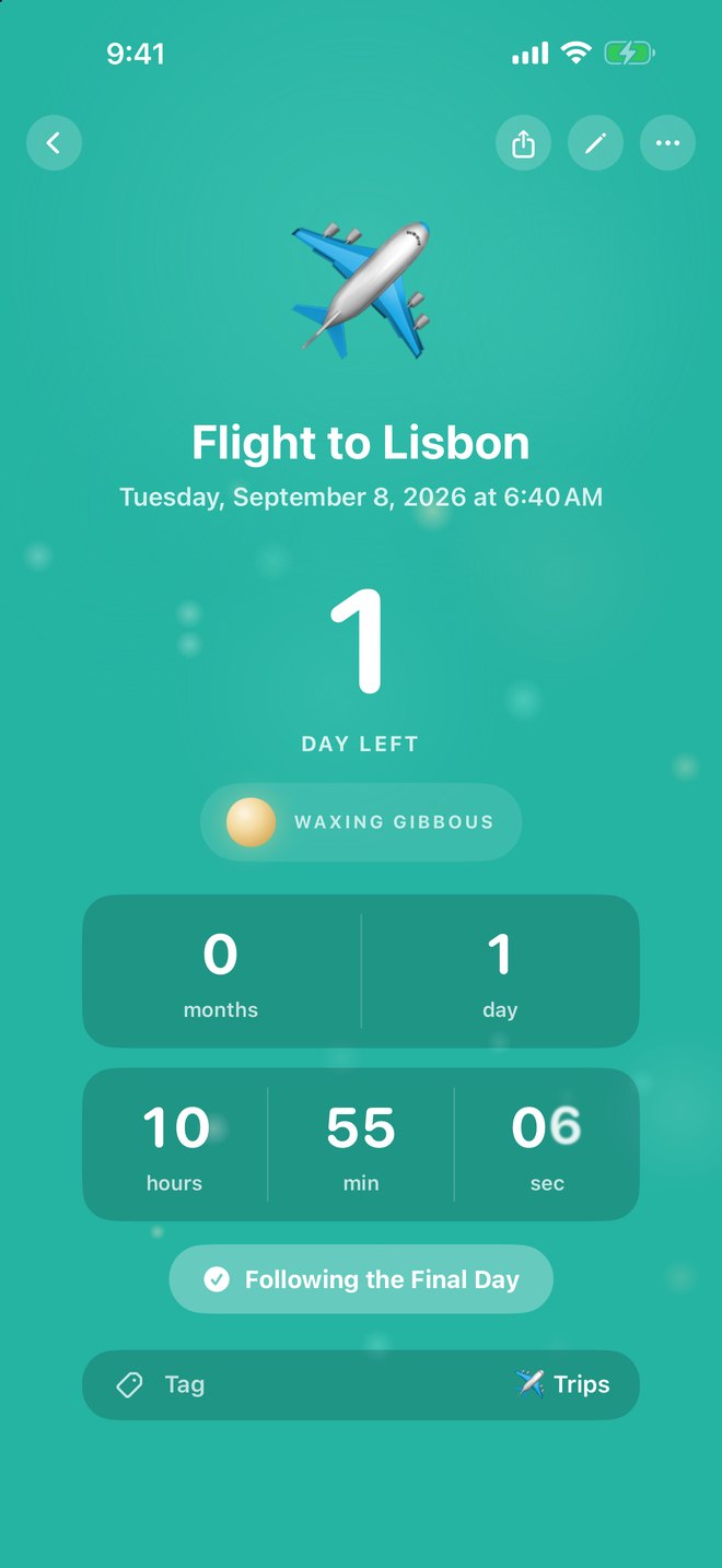 Flight to Lisbon in Luna Days: 1 day left, waxing gibbous, 10 hours 55 minutes to go.